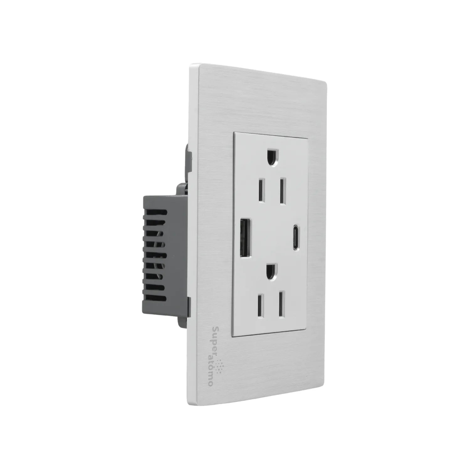Placa eléctrica Super átomo, 2 tomas de corriente, 1 USB-A y 1 USB-C, acabado cepillado.