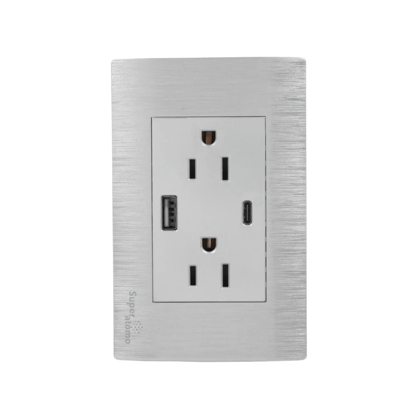 Placa Super átomo de pared color plata con 2 contactos, 1 USB-A y 1 USB-C para cargadores