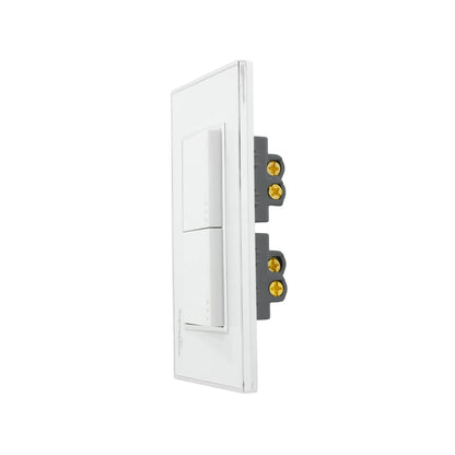 Placa doble de 2 apagadores escalera blanca Super Átomo con terminales eléctricos para instalación.