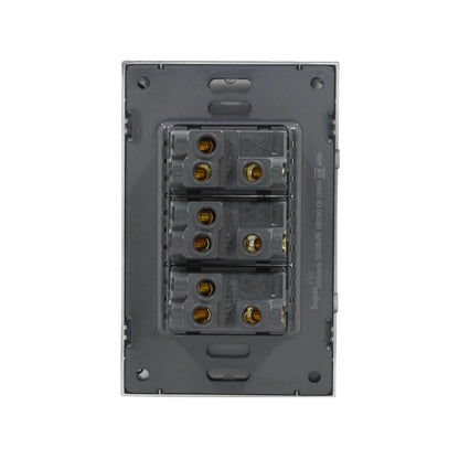 Vista trasera de 3 módulos de apagador escalera Super átomo 10A 250V gris para instalación eléctrica.