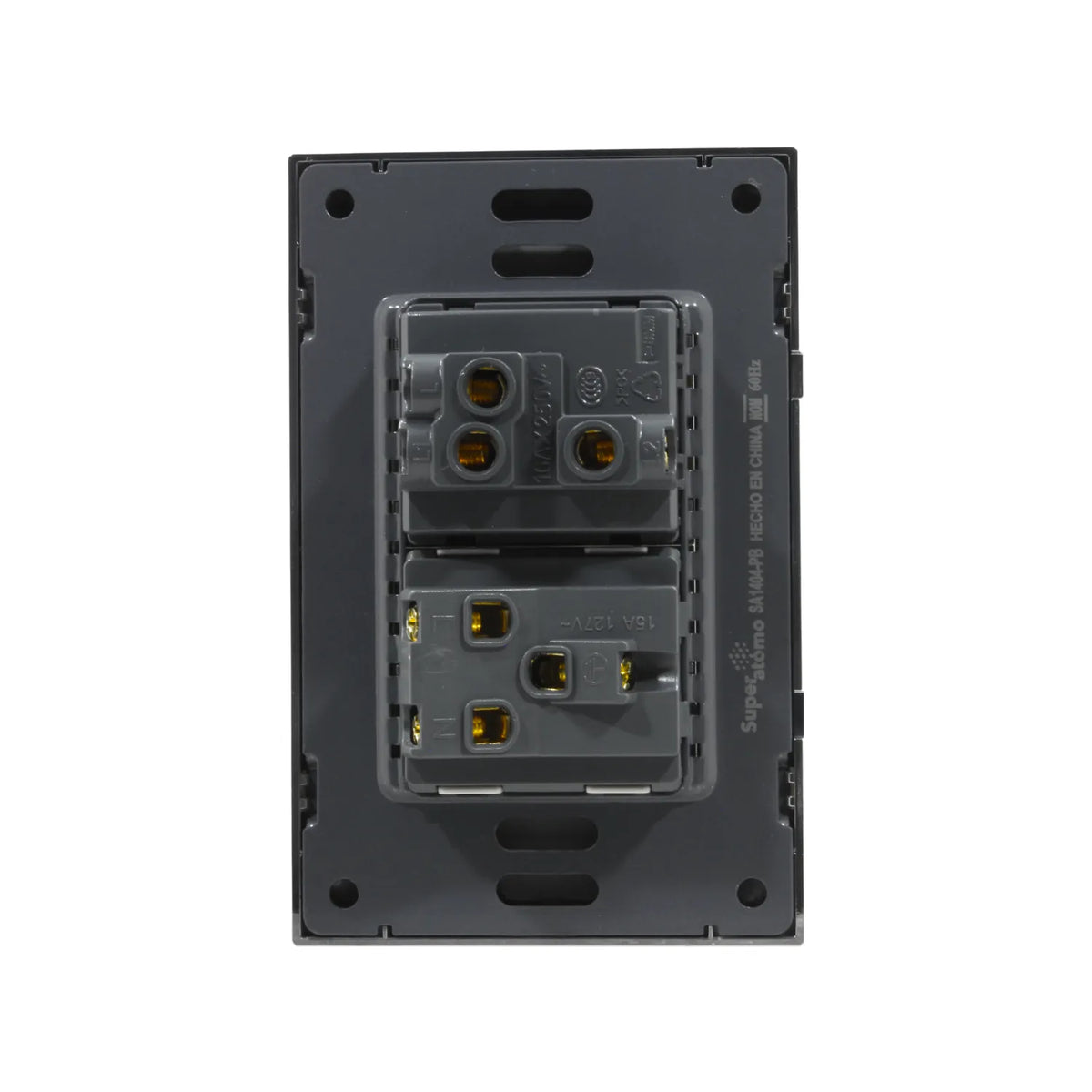 Placa Super átomo SA1404-PB gris oscuro con apagador escalera 10A y contacto 15A 127V, vista posterior.