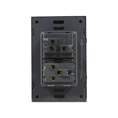 Placa Super átomo SA1404-PB gris oscuro con apagador escalera 10A y contacto 15A 127V, vista posterior.