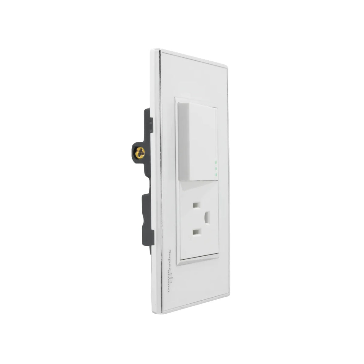 Placa de pared Super átomo blanca con 1 apagador escalera LED y 1 enchufe. Material eléctrico moderno.