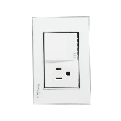 Placa eléctrica Super átomo blanca, diseño moderno, con 1 apagador y 1 contacto polarizado.