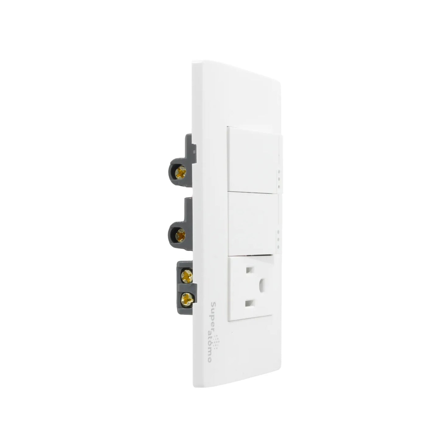 Placa eléctrica blanca Super átomo con 2 interruptores de escalera y 1 toma de corriente polarizada
