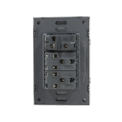 Placa eléctrica Super átomo, vista posterior gris con terminales de un apagador 10A 250V y dos contactos 15A 127V.