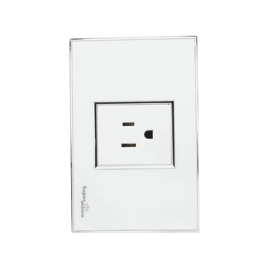 Placa Super átomo blanca para tomacorriente de 1 contacto. Acabado moderno con bordes cromados.