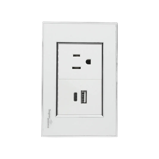 Placa tomacorriente blanca Super átomo con 2 salidas AC, puerto USB-A y USB-C para cargar dispositivos.