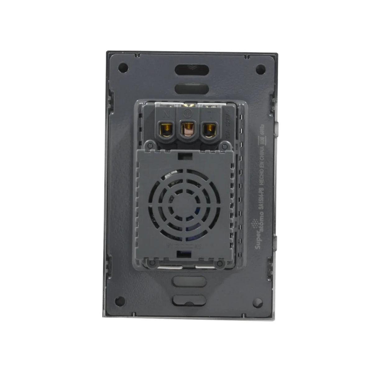 Conexiones traseras de placa eléctrica Super átomo SA1504-PB, 15A 127V 60Hz, terminales N L y tierra.