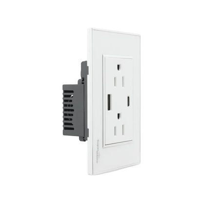 Placa tomacorriente blanca Super átomo con 2 contactos, 1 USB-A y 1 USB-C para carga rápida de dispositivos
