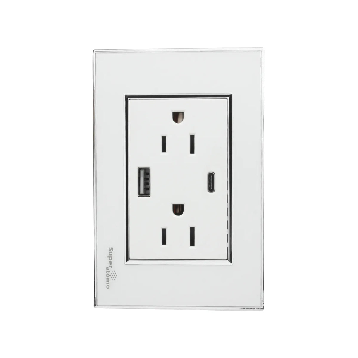 Placa de pared blanca Super átomo con 2 contactos eléctricos, USB-A y USB-C para carga de dispositivos