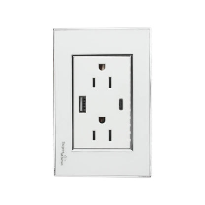 Placa de pared blanca Super átomo con 2 contactos eléctricos, USB-A y USB-C para carga de dispositivos
