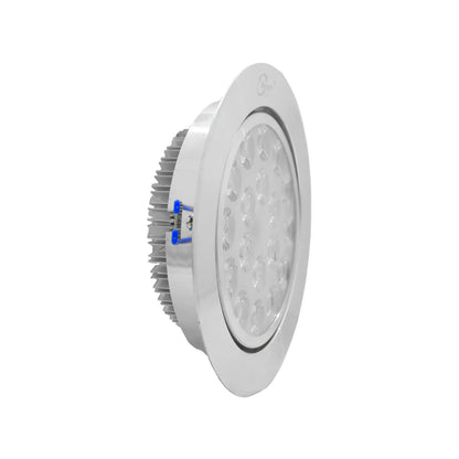 Foco LED downlight empotrable redondo plateado con disipador de aluminio y lentes múltiples para iluminación de techos