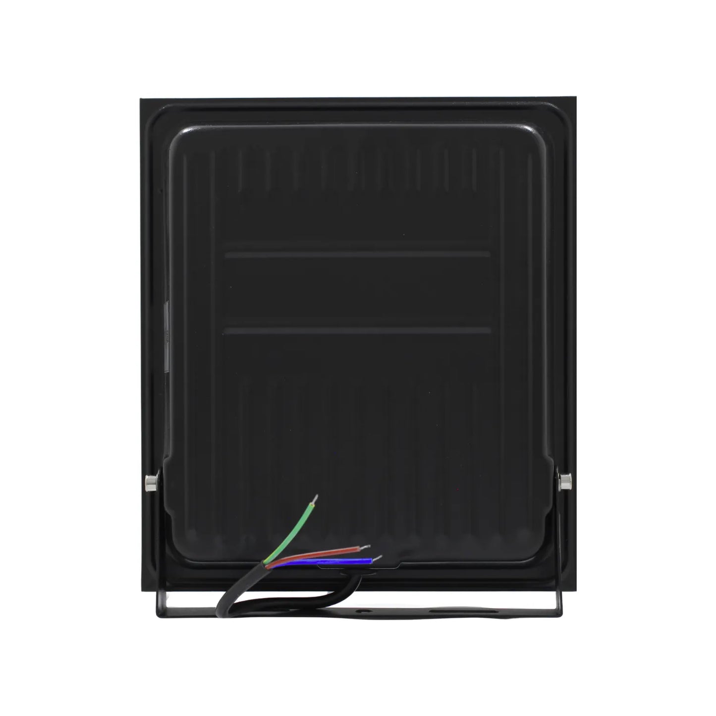 Vista trasera de proyector LED negro con cables de conexión y soporte ajustable para iluminación exterior.