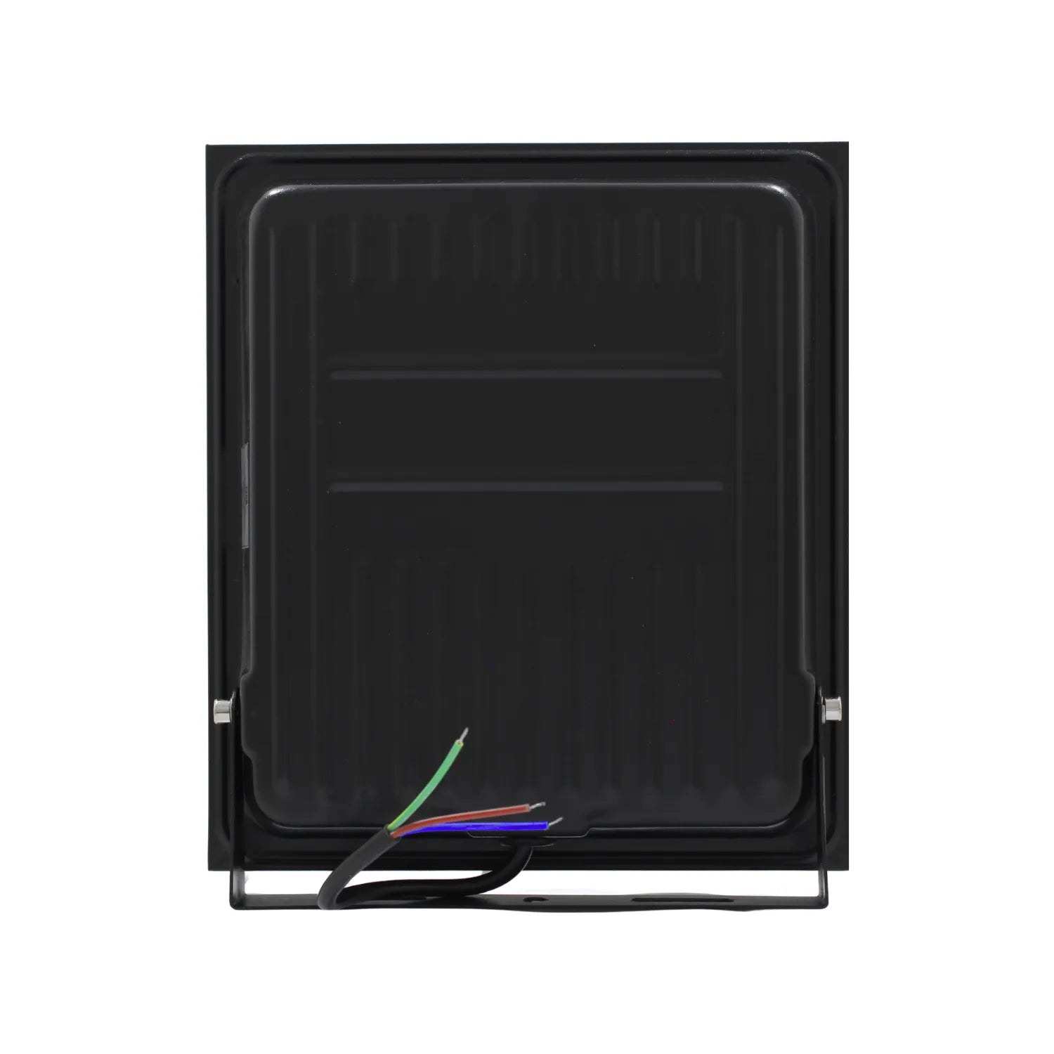 Vista trasera de proyector LED negro con cables de conexión y soporte ajustable para iluminación exterior.