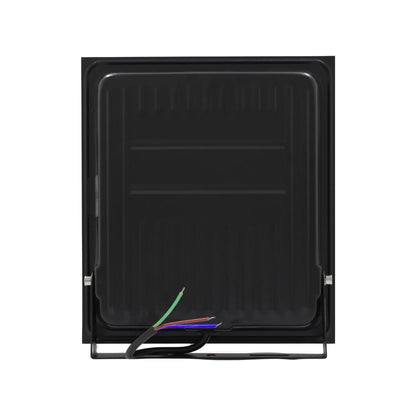 Vista trasera de proyector LED negro con cables de conexión y soporte ajustable para iluminación exterior.