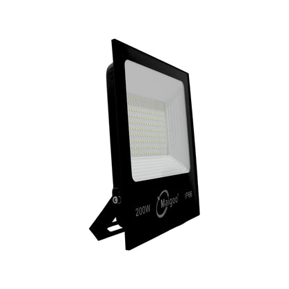 Reflector LED 200W Maigoo negro con protección IP66 para iluminación de exteriores y soporte ajustable de alta potencia