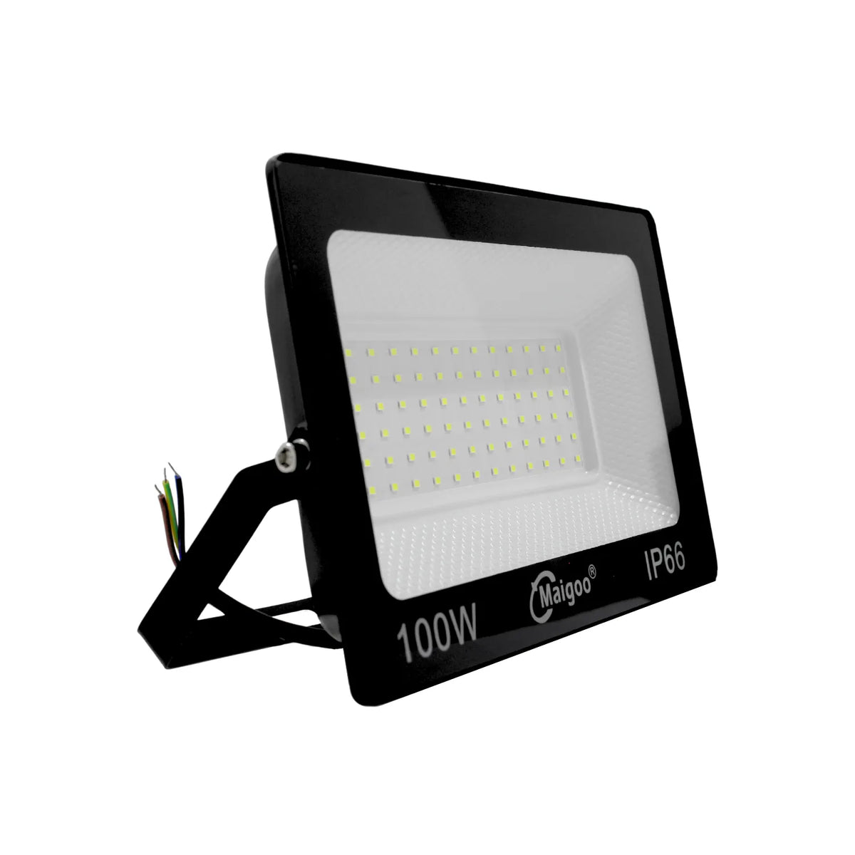 Reflector LED exterior 100W IP66 Maigoo negro para iluminación potente de fachadas y jardines con soporte ajustable
