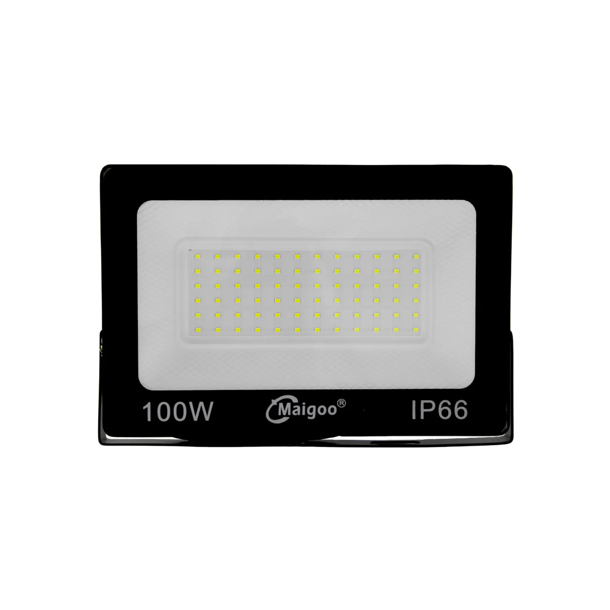 Proyector LED Maigoo 100W IP66 exterior color negro para iluminación potente de fachadas y jardines.