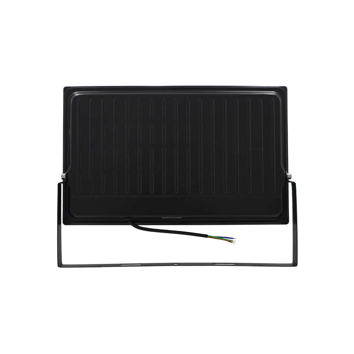Foco proyector LED exterior negro vista trasera con disipador de calor, soporte metálico y cable de conexión