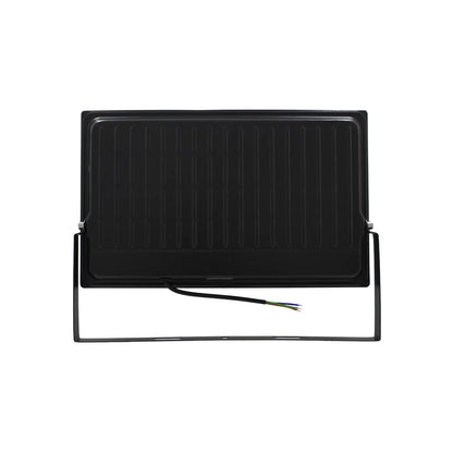 Foco proyector LED exterior negro vista trasera con disipador de calor, soporte metálico y cable de conexión