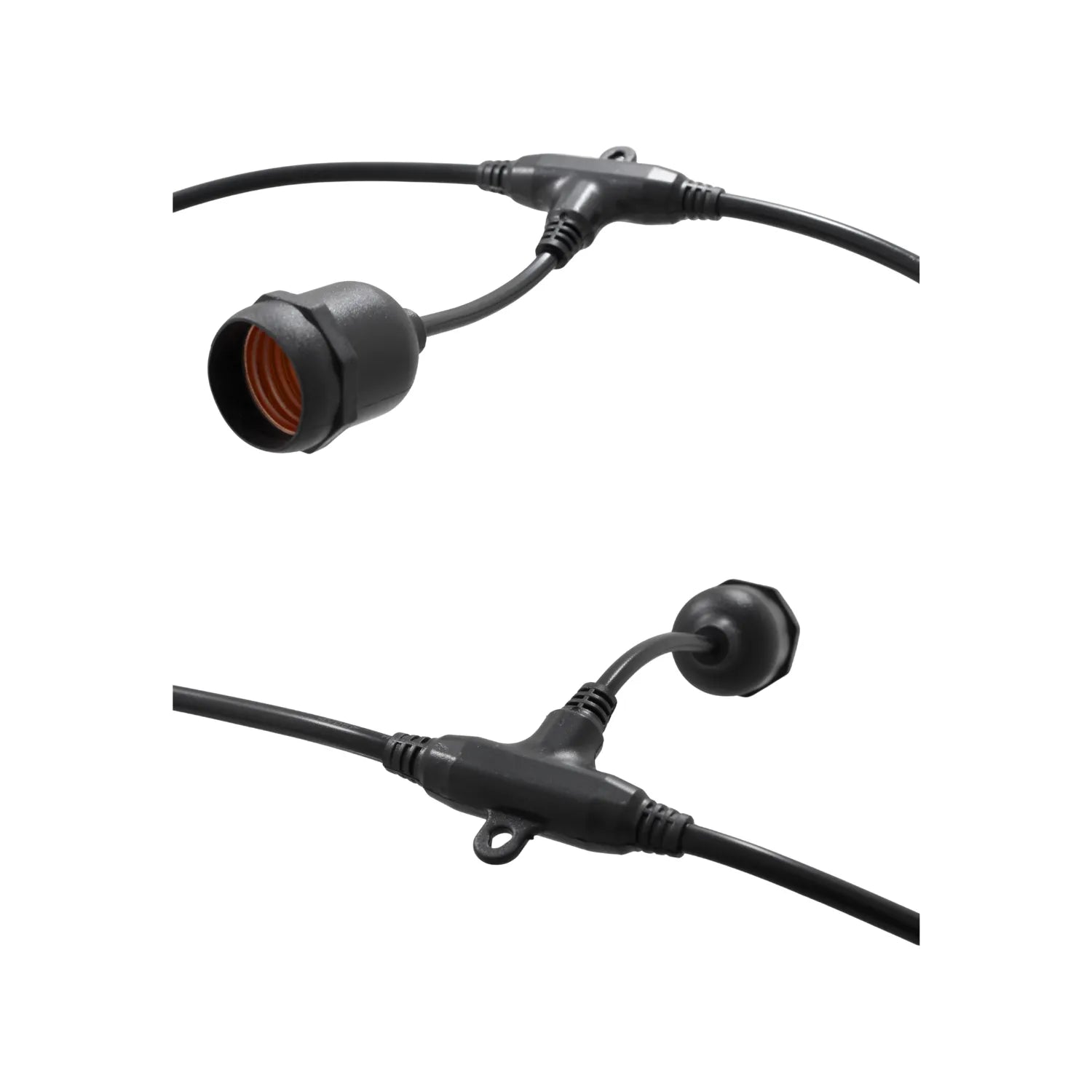 Soquete negro para guirnalda de luces exterior E27 con conector T y ojal de sujeción para iluminación decorativa.