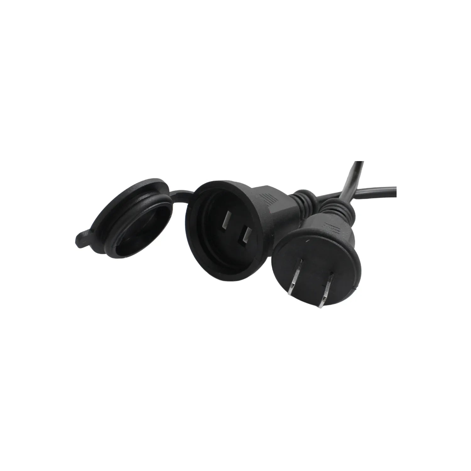 Extensión eléctrica negra de 2 polos con tapa protectora de seguridad para uso en exteriores.