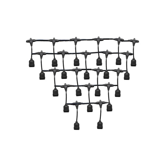 Guirnalda de luces exterior negra con portalámparas colgantes para iluminación decorativa en patios y jardines.