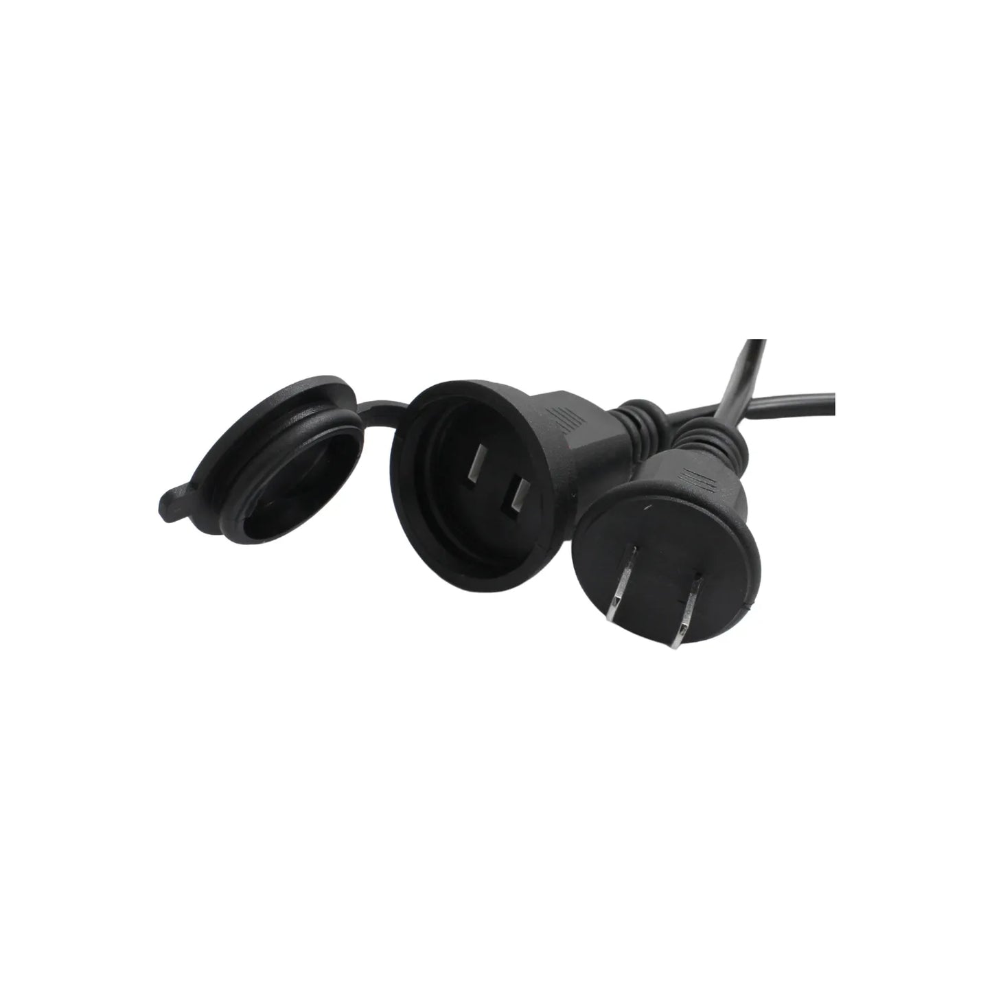 Cable de extensión negro con tapa de protección y enchufe macho de 2 clavijas para uso exterior