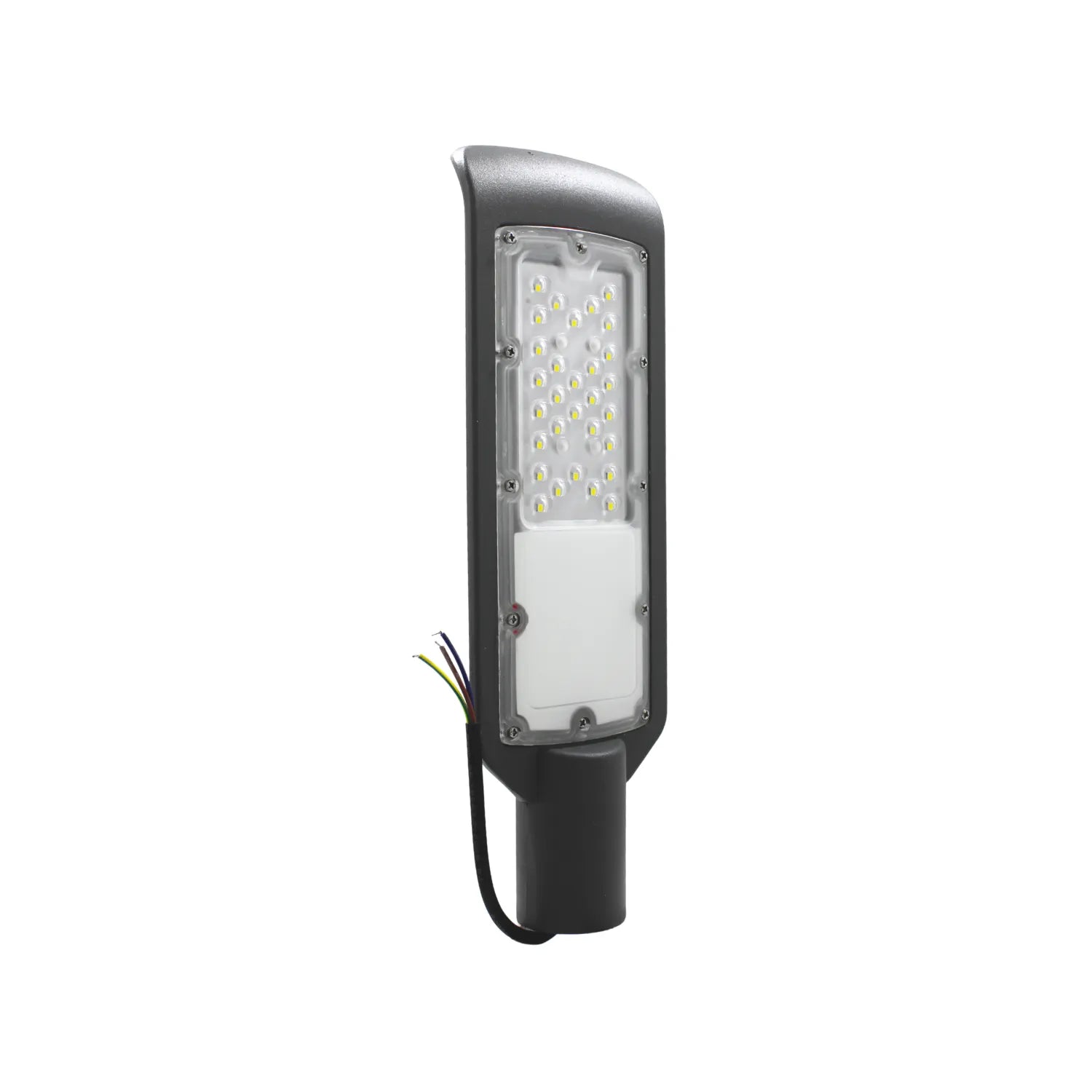 Luminaria LED para alumbrado público vial color gris oscuro con panel de iluminación exterior y soporte para poste.