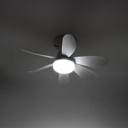 Ventilador de techo blanco de 6 aspas con luz LED circular integrada de diseño moderno y compacto.