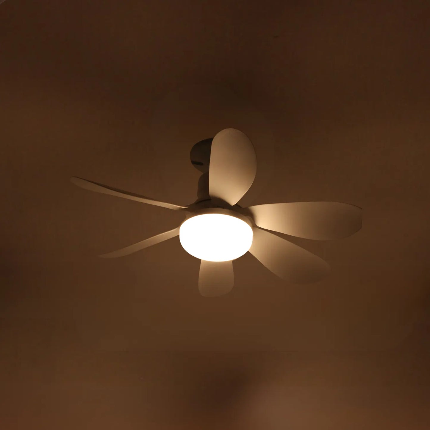 Ventilador de techo blanco con 6 aspas tipo pétalo y luz LED circular encendida para iluminación de interiores.