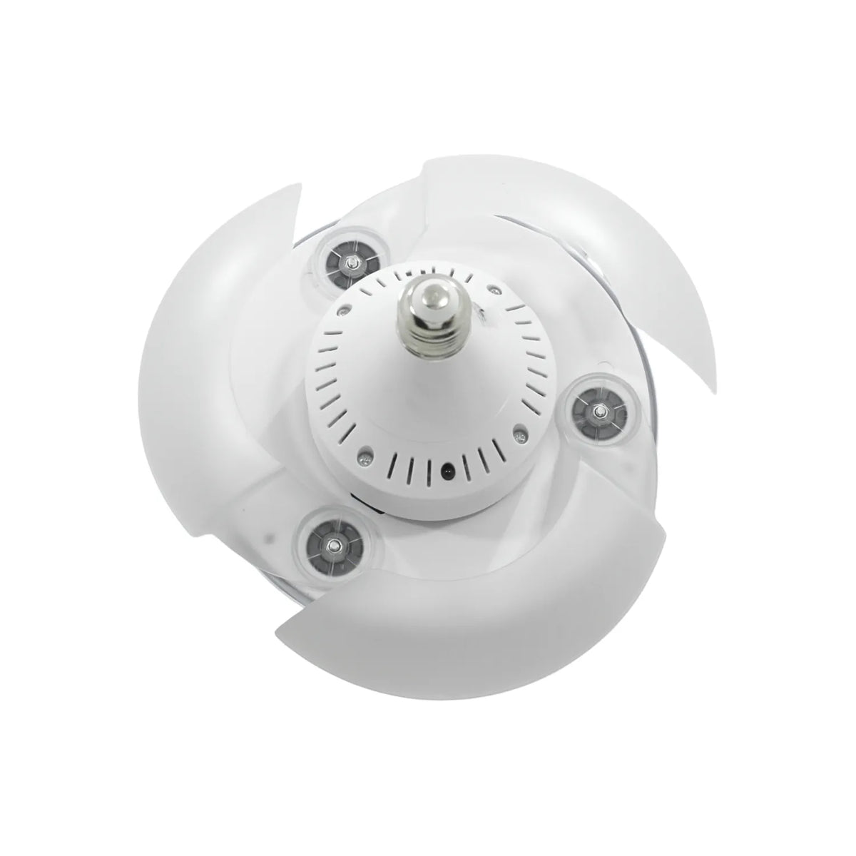 Ventilador de techo con foco LED blanco y aspas plegables para soquete E27 iluminación y aire fresco ajustable.