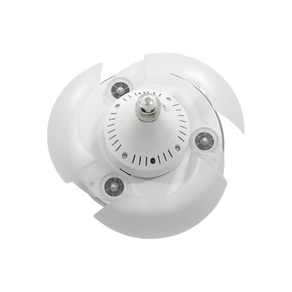 Ventilador de techo con foco LED blanco y aspas plegables para soquete E27 iluminación y aire fresco ajustable.