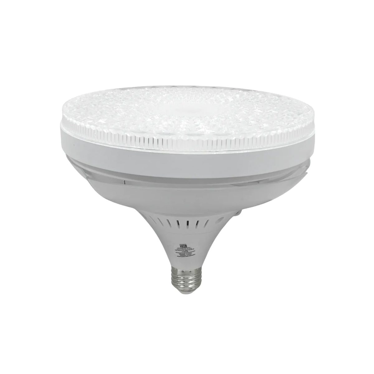 Foco LED de alta potencia blanco con lente prismático y base E27 para iluminación industrial y comercial eficiente.