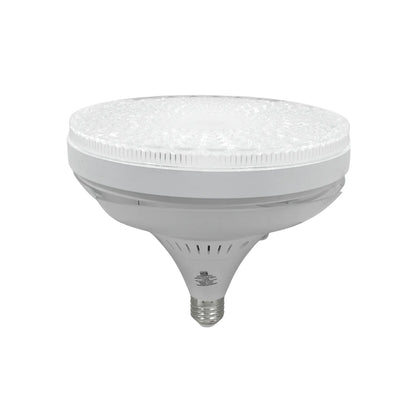 Foco LED de alta potencia blanco con lente prismático y base E27 para iluminación industrial y comercial eficiente.
