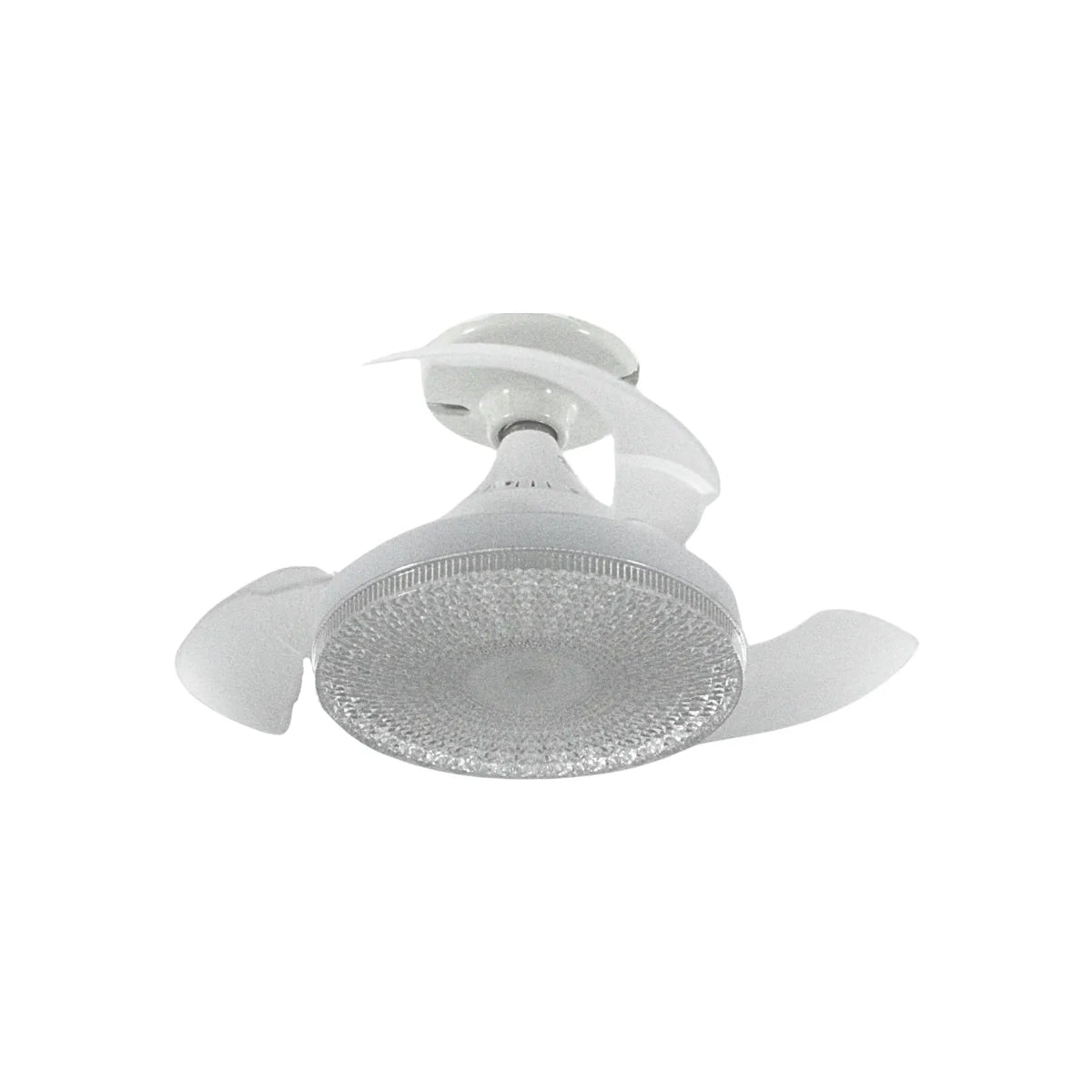 Ventilador de techo retráctil blanco con luz LED y tres aspas transparentes, diseño moderno para interiores.