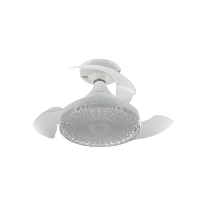 Ventilador de techo retráctil blanco con luz LED y tres aspas transparentes, diseño moderno para interiores.