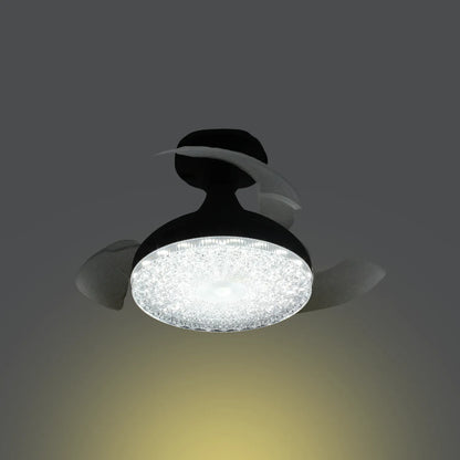 Ventilador de techo negro con aspas retráctiles y luz LED decorativa efecto cristal diseño moderno