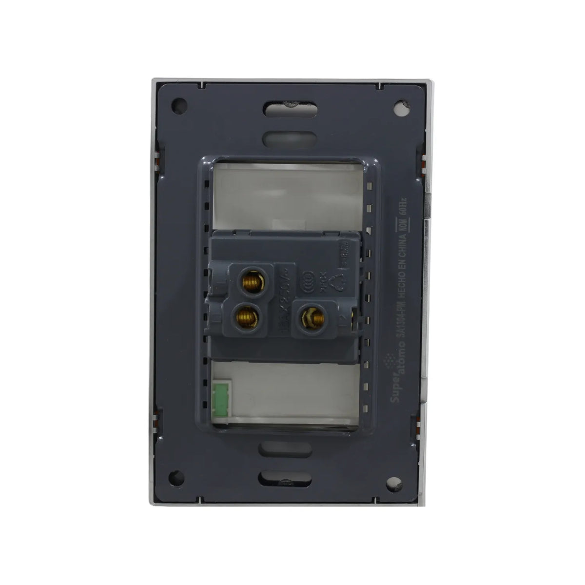 Módulo de interruptor Superatomo 16AX 250V vista trasera con placa de montaje y tornillos de conexión de latón.