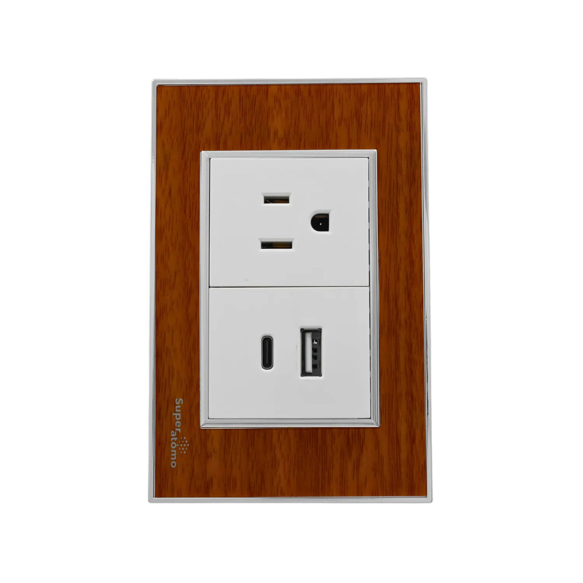 Tomacorriente Superatómo acabado madera con puerto USB-C y USB-A para carga de dispositivos electrónicos.