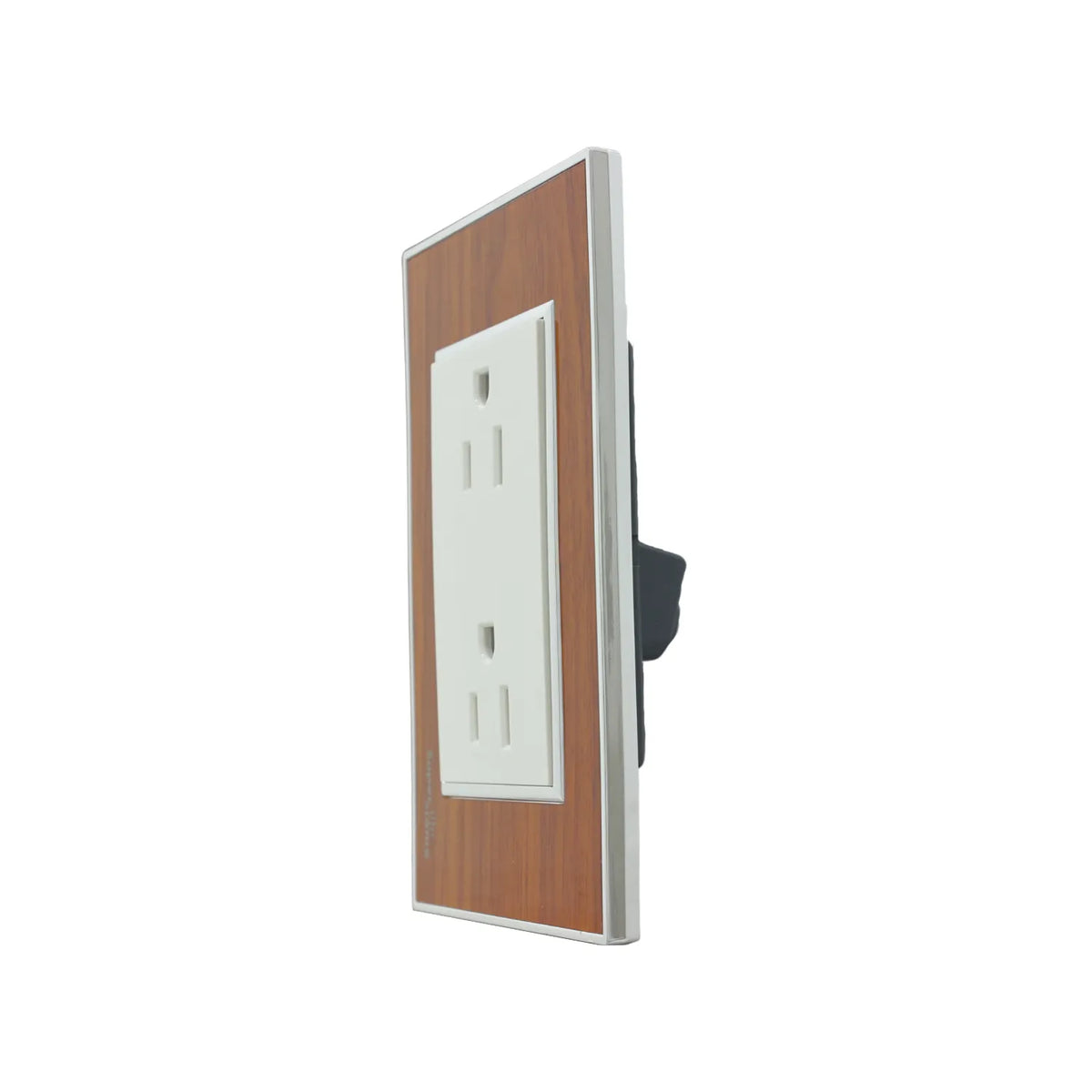 Toma de corriente doble blanca con placa decorativa acabado madera y marco cromado para pared.
