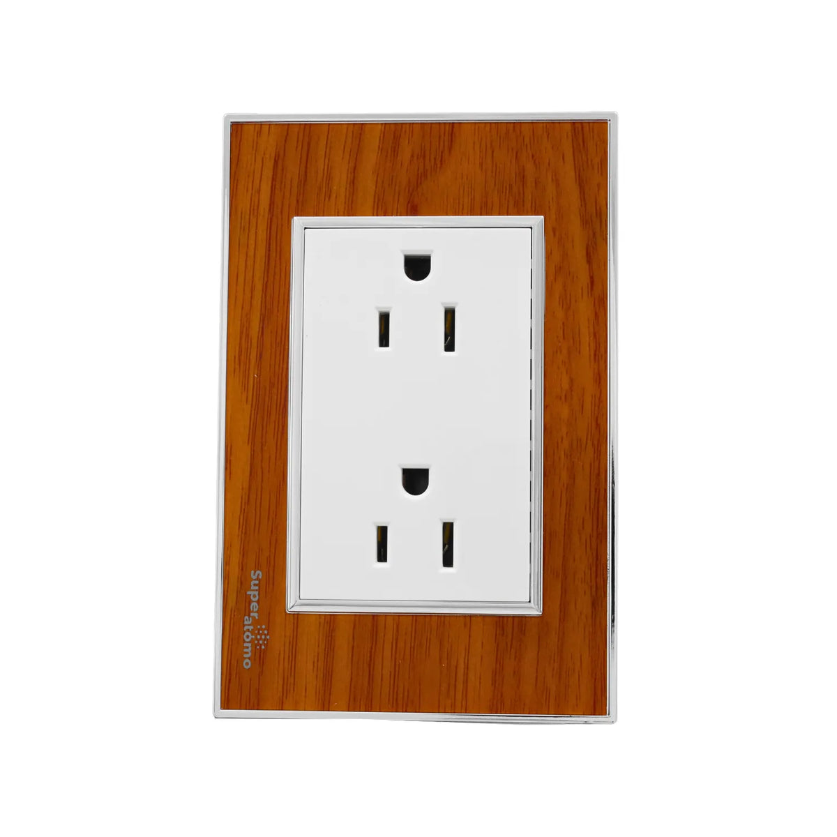Toma corriente doble Superatomo con placa acabado madera y borde cromado para decoración de interiores.