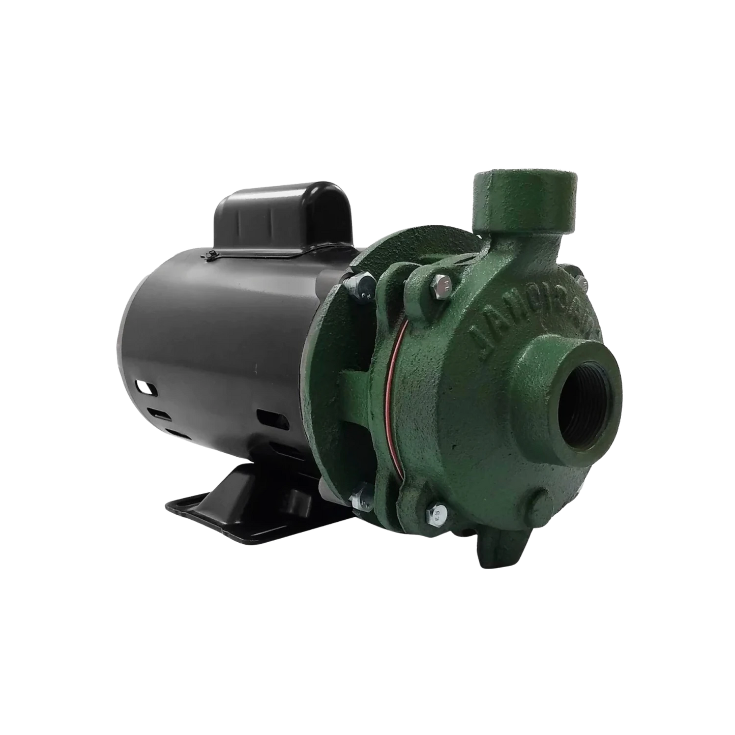 Bomba centrífuga de agua con motor eléctrico negro y carcasa de hierro fundido verde.