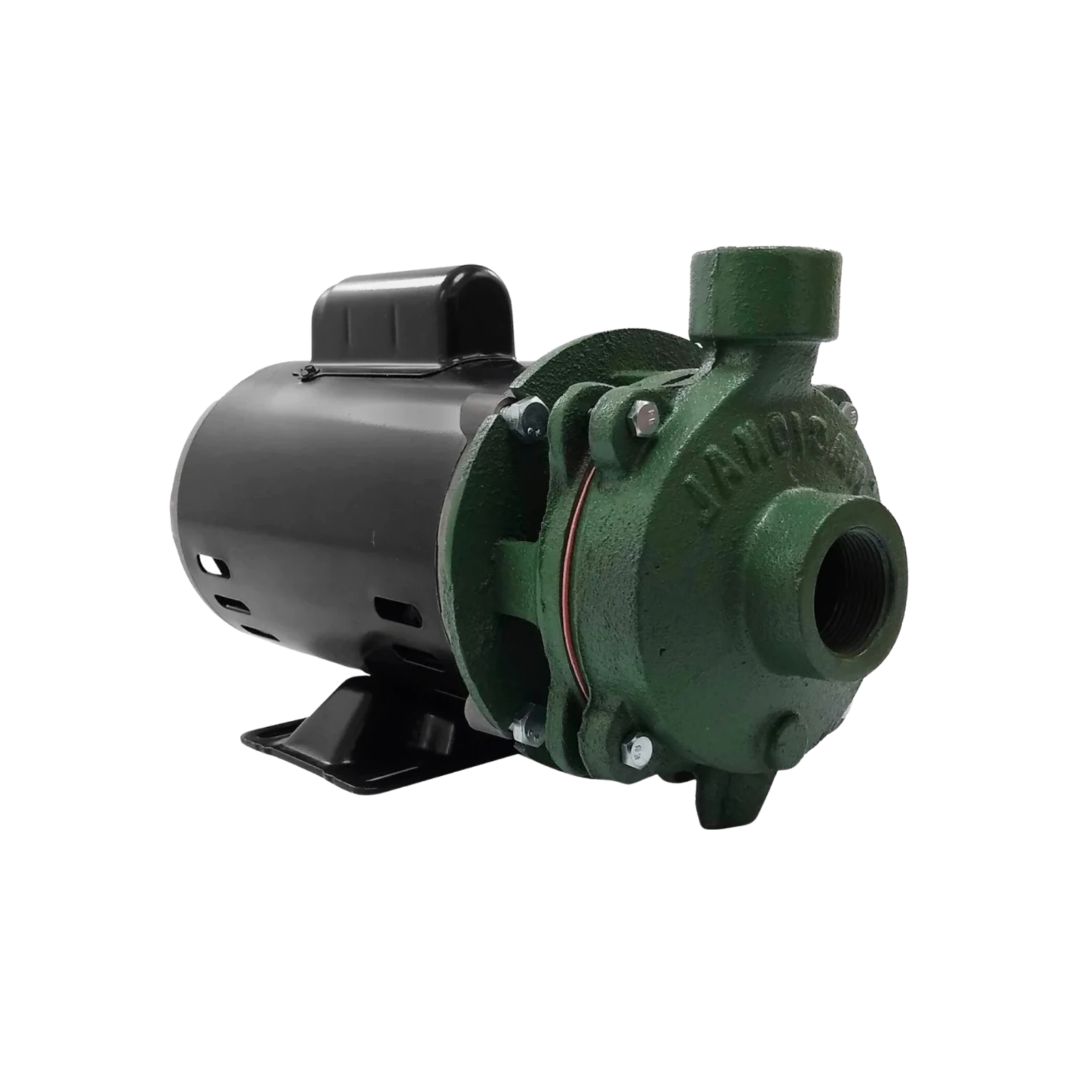 Bomba centrífuga de agua con motor eléctrico negro y carcasa de hierro fundido verde.