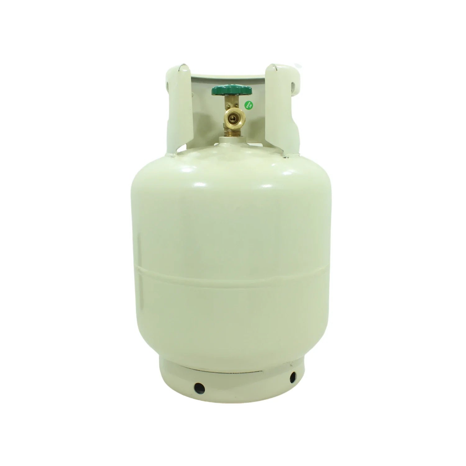Tanque de gas LP color crema con válvula verde y asa protectora para distribución doméstica