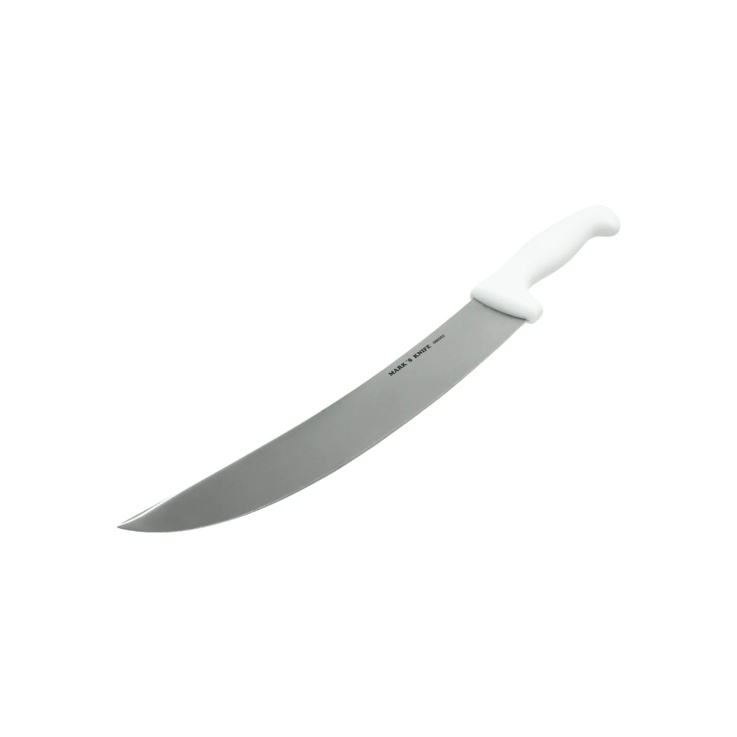 Cuchillo carnicero profesional 10 pulgadas Mark's Knife 666002 con hoja curva y mango blanco.
