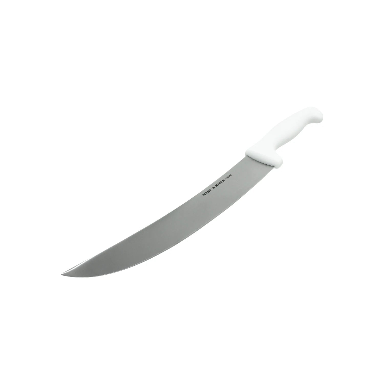 Cuchillo carnicero profesional 10 pulgadas Mark's Knife 666002 con hoja curva y mango blanco.