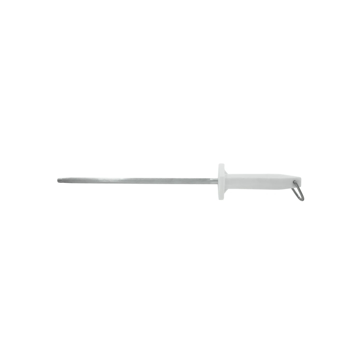Chaira de acero redonda con mango blanco ergonómico y anillo para afilar cuchillos de cocina.