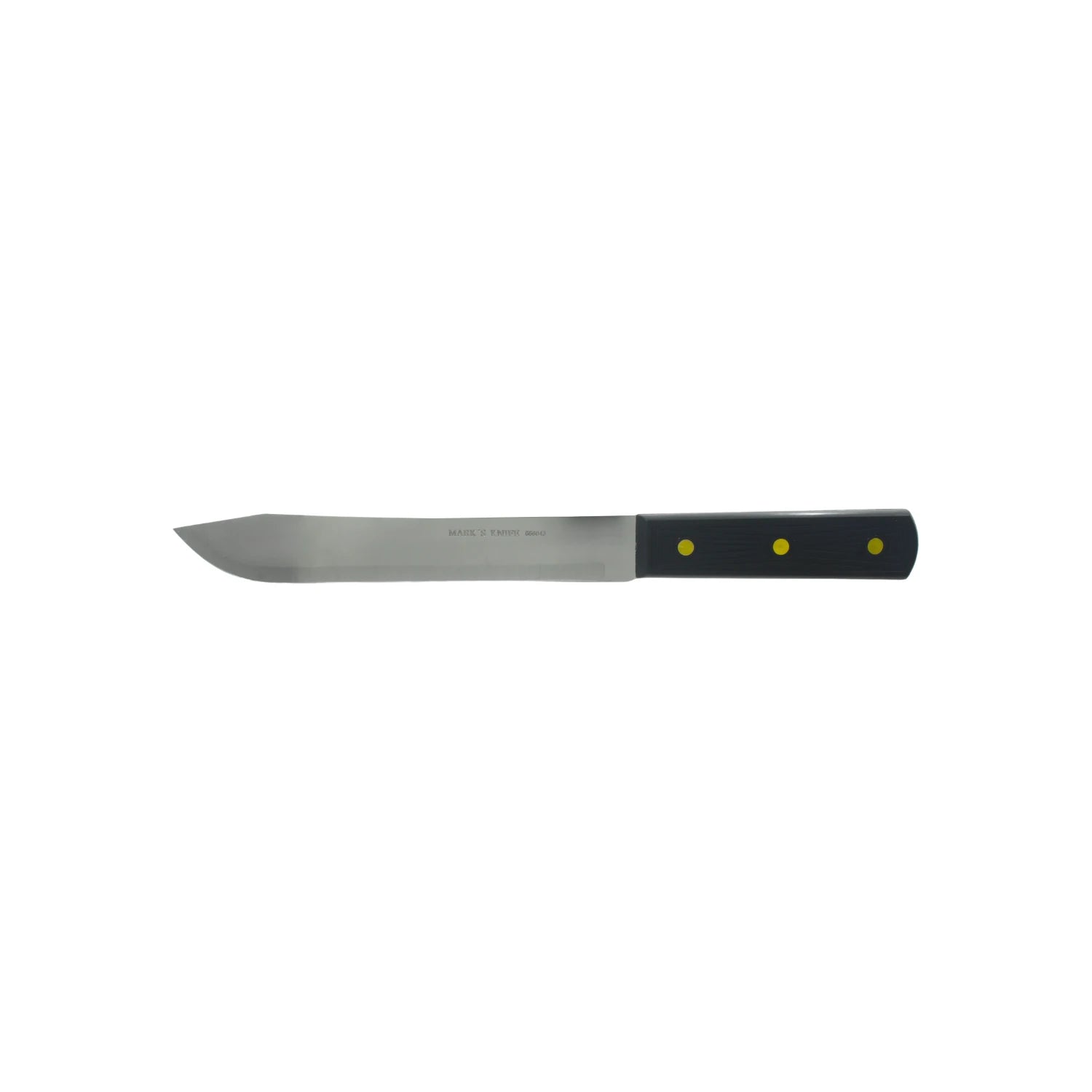 Cuchillo cebollero Mark's Knife 8 pulgadas, hoja de acero inoxidable, mango de plástico negro con remaches amarillos